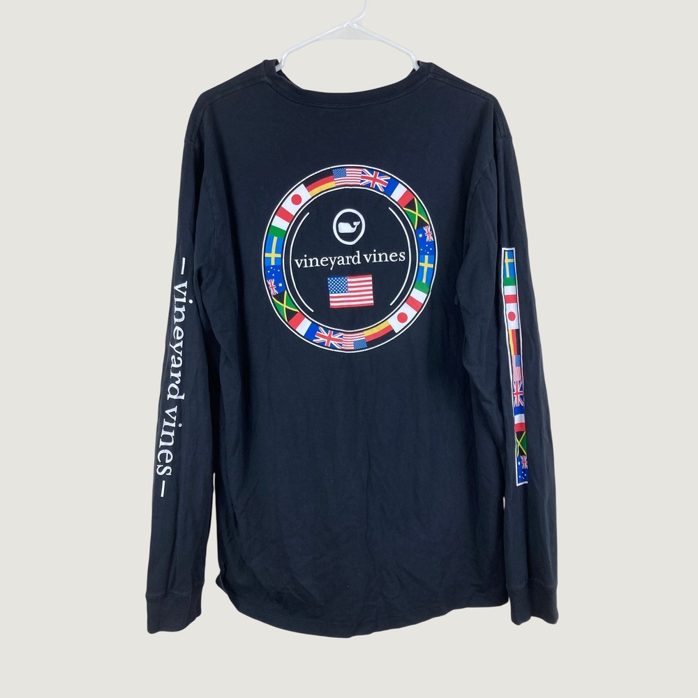 Vineyard Vines Long Sleeve T-Shirt Mens L Navy Blue Flags Graphic